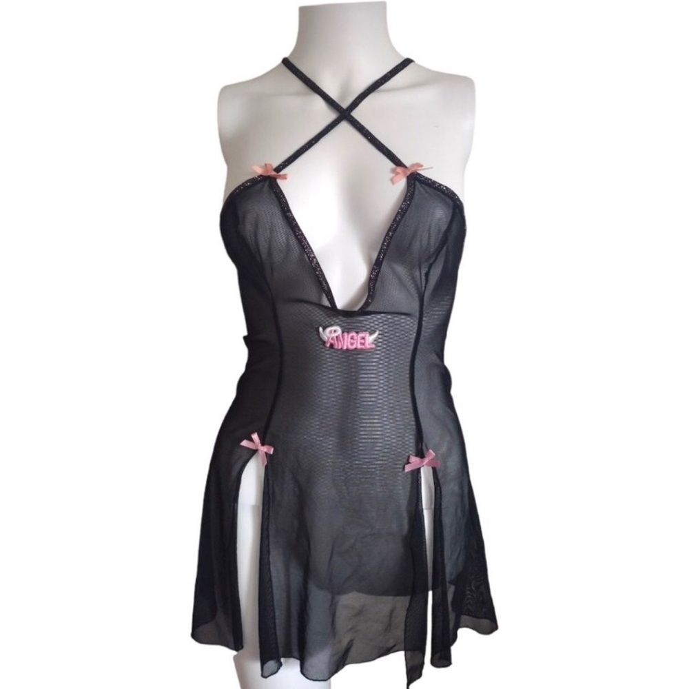 Y2K Vintage 90’s Fairy Angel Grunge Black Sheer Cross-Back Babydoll Lingerie